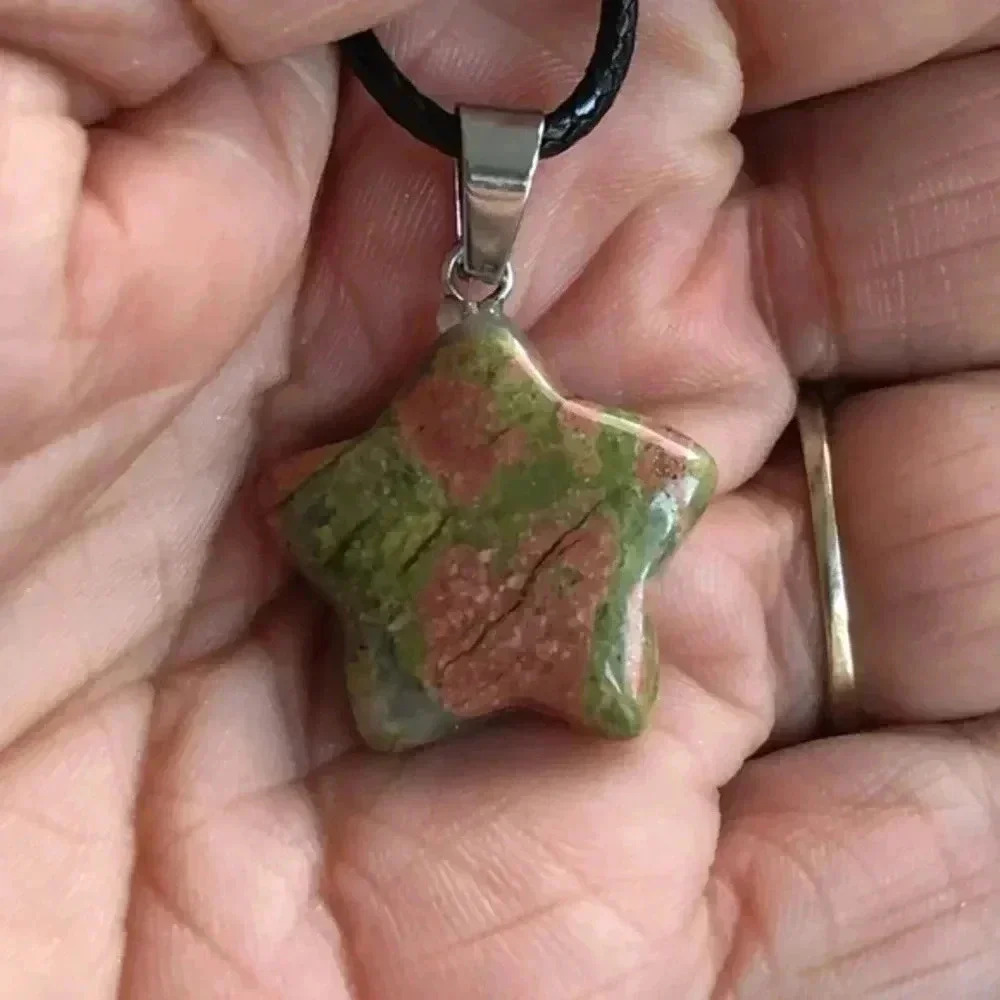 Unakite Star Pendant Leather Necklace NWT